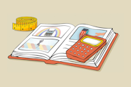 Illustration of an open book with images inside, a calculator on top, and a rolled measuring tape nearby. 
